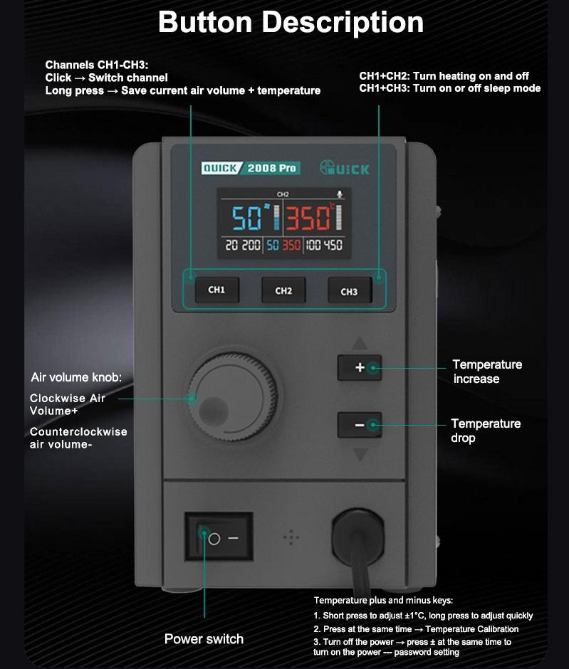 QUICK 2008 PRO 750W AI STAZIONE DISSALDANTE AD ARIA CALDA CON VOCE INTELLIGENTE TEMPERATURA 100-500°C (CN VERSIONE)