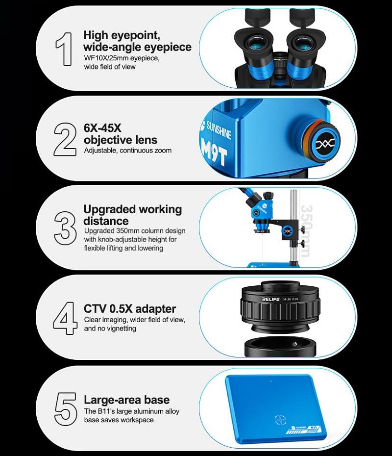 SUNSHINE M9T-B11 MICROSCOPIO TRINOCULARE 6X-45X TRINOCULAR PERRIPARAZIONE MOBILE + LUCE LED AD ANELLO REGOLABILE BLU
