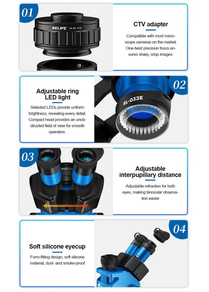 SUNSHINE M9T-B11 MICROSCOPIO TRINOCULARE 6X-45X TRINOCULAR PERRIPARAZIONE MOBILE + LUCE LED AD ANELLO REGOLABILE ARGENTO