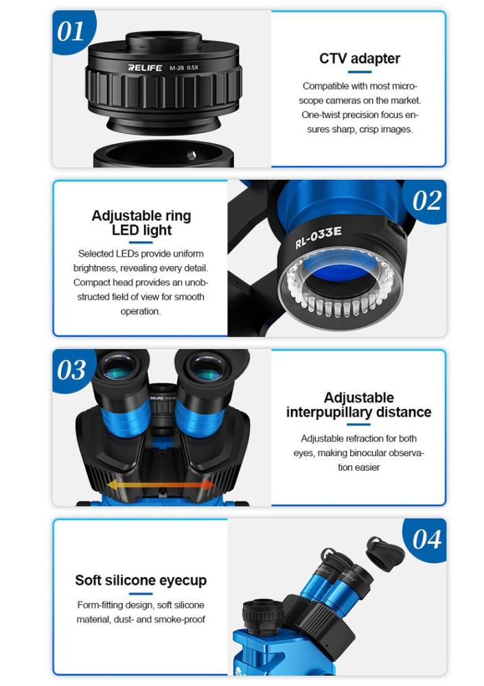 SUNSHINE M9T-B11 MICROSCOPIO TRINOCULARE 6X-45X TRINOCULAR PERRIPARAZIONE MOBILE + LUCE LED AD ANELLO REGOLABILE BLU